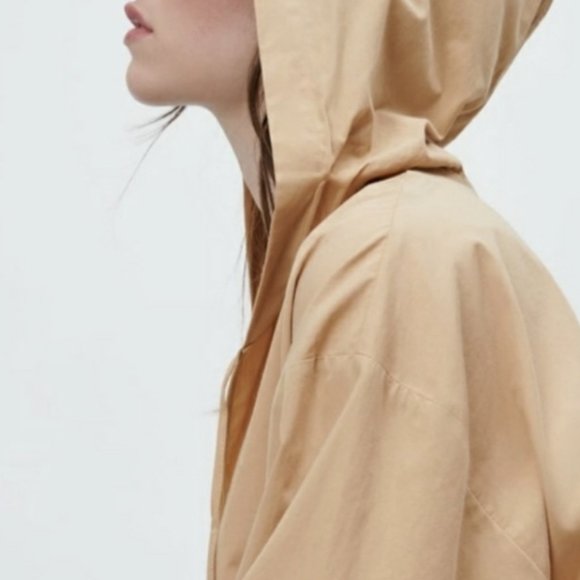 Zara Beige Poplin Hooded Large Midi Dress with V-neckline - Picture 2 of 9